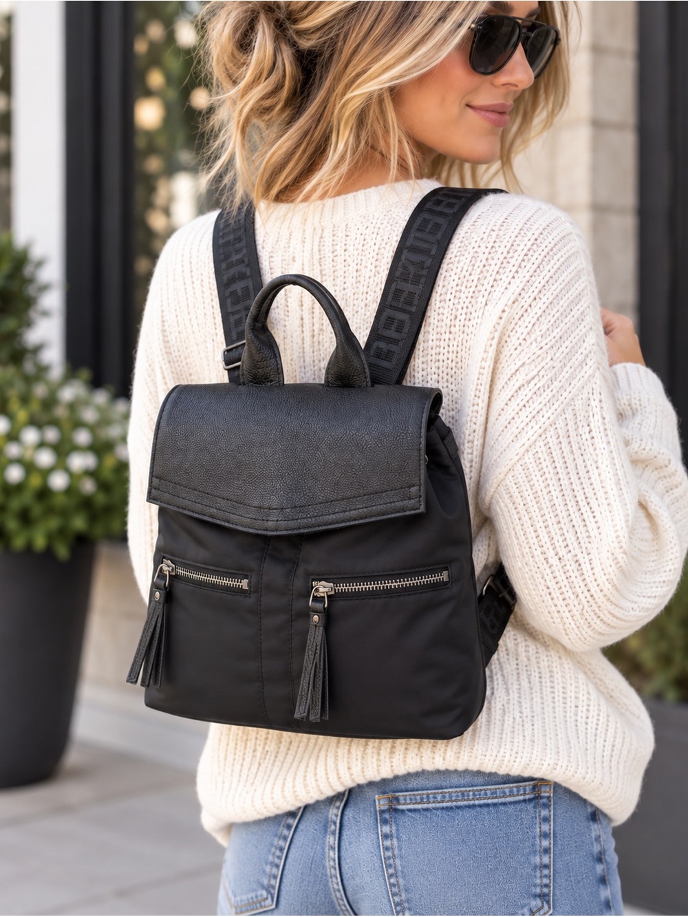 Botkier New York Black Mini Backpack Nylon Logo Straps